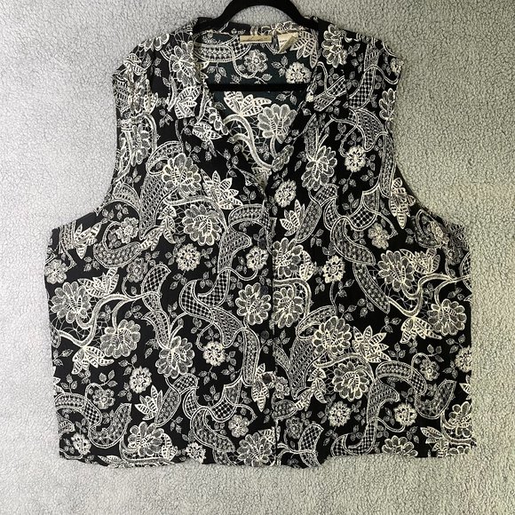 Kathie Lee Vest Top 26 28 Black White Floral Button Down - Picture 1 of 12
